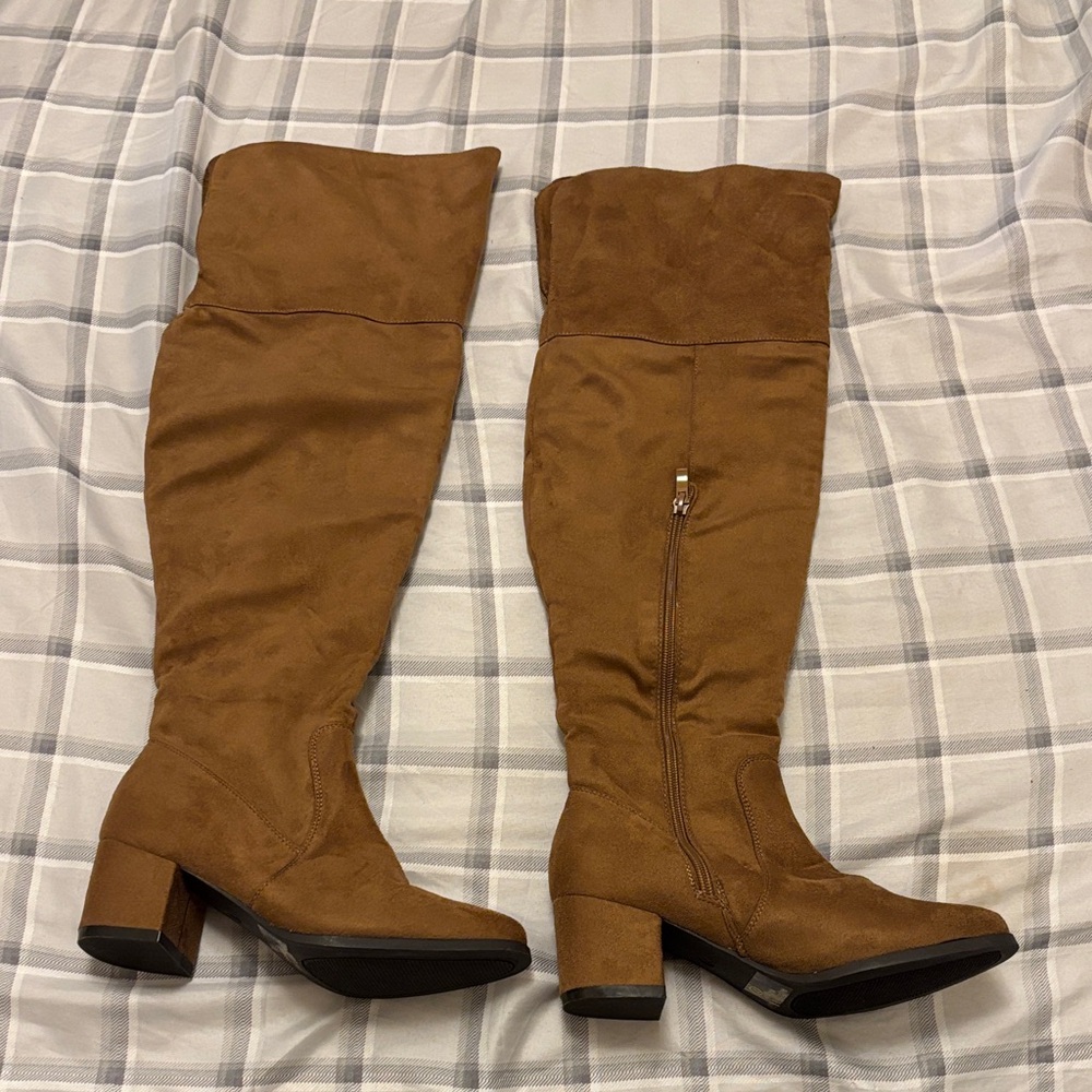 Nature Breeze Over-the-Knee Block Heel Boots - Chestnut Brown